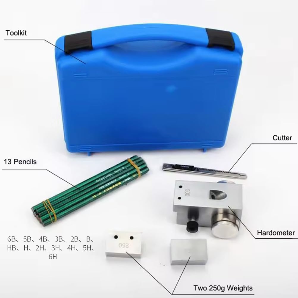 Bleistift Härteprüfer Kit für Lackbeschichtung Film Kratzfestigkeit mit 13 Bleistiften & 3 austauschbaren Gewichten (500/750/1000g) - Kratztestwerkzeug