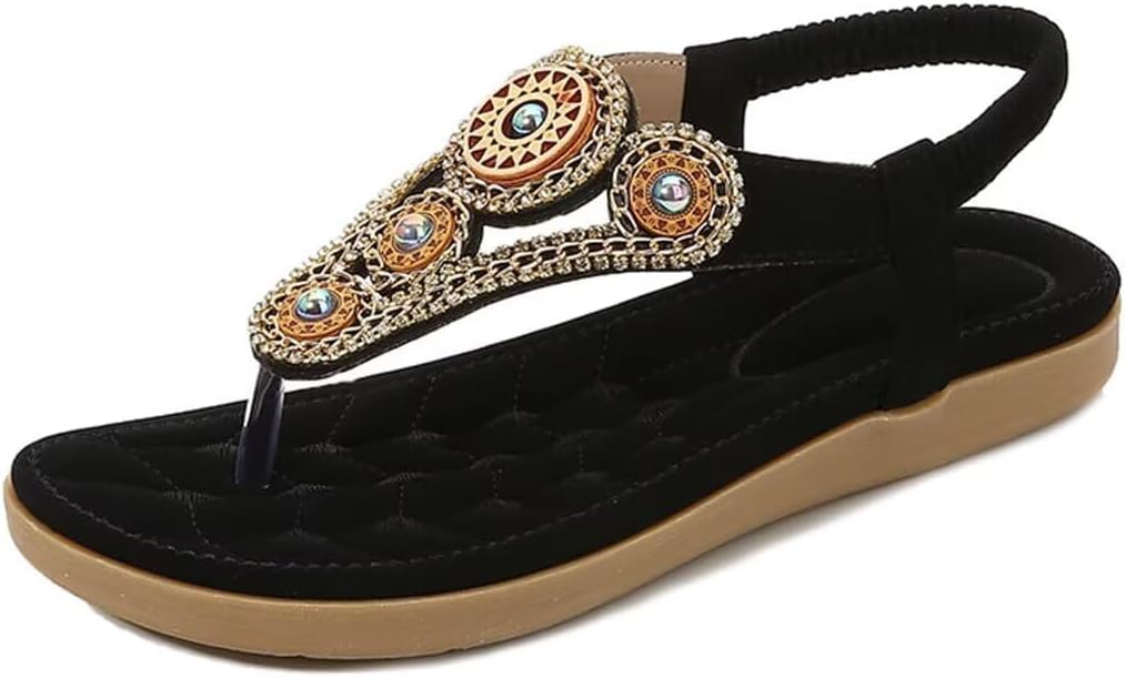 Women Summer Flat Sandals Casual Comfortable T-Strap Flip Flops with Elastic Ankle Strap for Beach