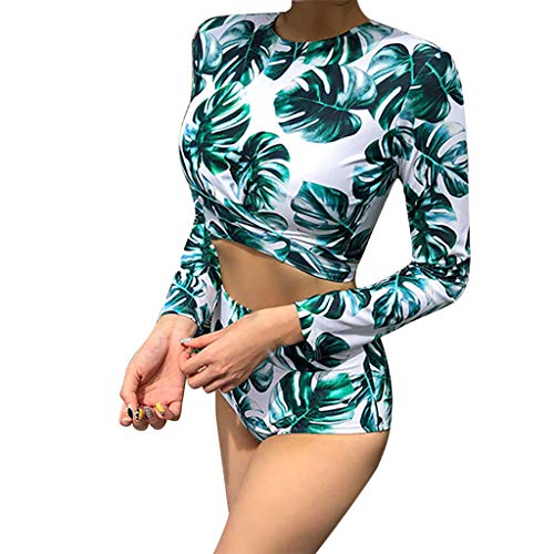 Sttech1 Women Long Sleeve Rash Guard Swimsuit Surfing Crop Top Swimwear Two Piece Sporty Bathing Suit Green
