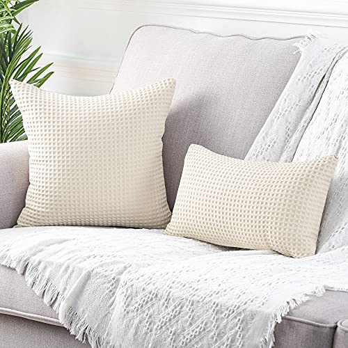 Mandioo Set Of 2 Waffle Textured Decorative Throw Pillow Covers Soft Solid Cotton Cushion Cases Luxury Pillowcases For Couch Sofa Bed 18X18 Inches Beige #TOP4