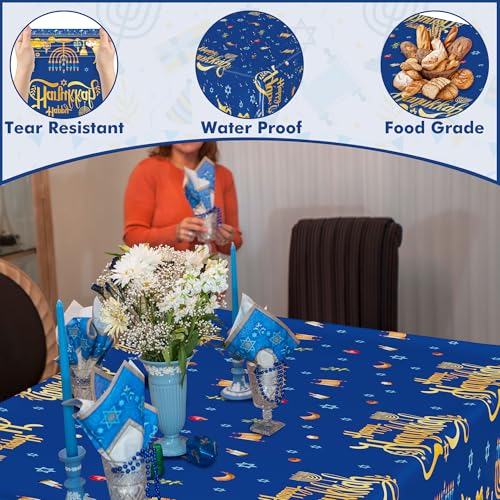 Image of 3 PCS Hanukkah Decorations, 108 inch x 54 inch Blue Gold Hanukkah Tablecloth, Disposable Happy Chanukkah Plastic Tablecloth, Lights Candles Design Rectangle Chanukkah Tablecovers for Jewish Festival Supplies