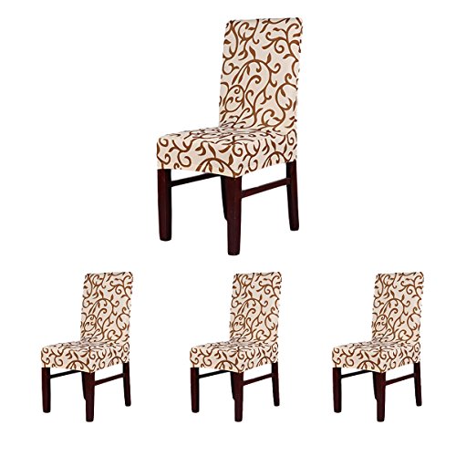 SoulFeel 4 x Soft Fit Stretch Short Dining Room Chair Covers, Printed Pattern, Banquet Chair Seat Protector Slipcover for Party Hotel Wedding Ceremony (ChampagneCoffee)