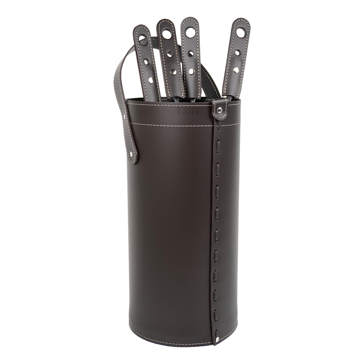 LIMAC Design CIARY, Set Ferri da Camino con Manico in Cuoio, Borsa Porta-Ferri Moderno in cuoio, Attrezzi da Caminetto, Sacca portaferri, Prodotto in Italia. Marrone Scuro