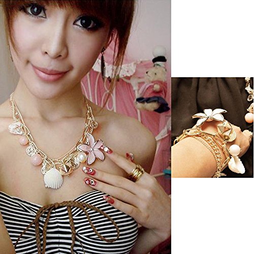 Vktech Sweet Shell Conch Pink Flower Coin Pearl Bead Pendant Bracelet/Necklace (Style B)
