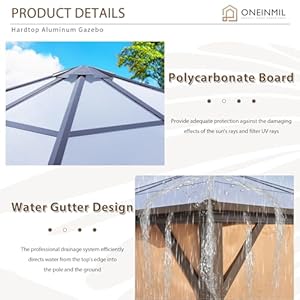 oneinmil 10 x 10 Gazebo Single Polycarbonate Top Outdoor Aluminum Frame Permanent Pergolas with Curtains and Netting for Patios Backyards and Gardens