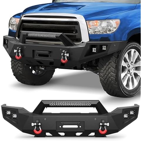 POFENZE 07-13 Tundra Front Bumper Full Width Offroad Bumper w/Winch Plate, 144W Light Bar, 4x18w Lights, D-rings, License Plate Bracket for 2007-2013 Tundra Pickup Trucks Cover