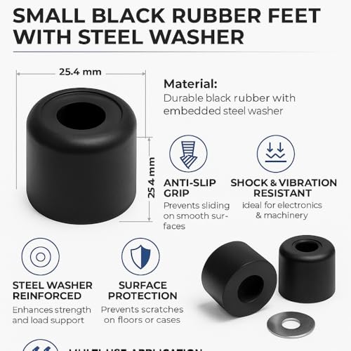 Image of Penn Elcom Small Black Rubber Feet with Steel Washer - Set of 12 | Protective Bumper for Electronics, Cabinets, Cases & Furniture | Anti-Slip, Vibration-Resistant (O - 25.4mm, H - 25.4mm)