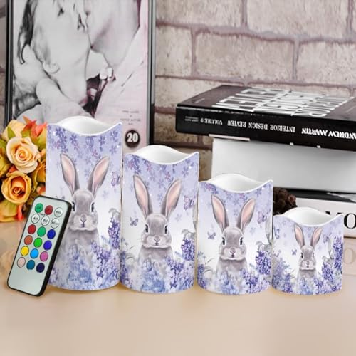 Image of Easter Bunny Purple Floral Plastic Flameless Candles with Remote Control and Timer LED Flickering Battery Electric Pillar Candles for Table Easter Decoration