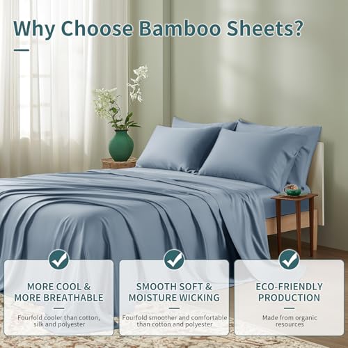 Image of Shilucheng 6 Piece Queen Sheet Sets, Cooling Sheets, Blend Rayon Derived from Bamboo, Deep Pocket Up to 16 inch, Breathable & Soft Bed Sheets, Hotel Silky Bedding Set, French Blue