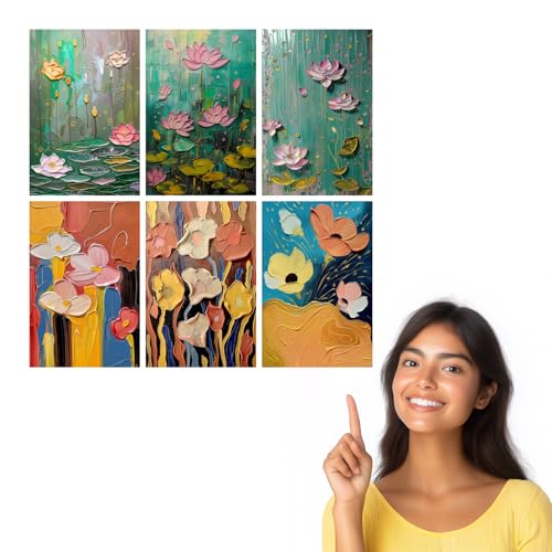Image of SiddArtify Palette Knife Floral Art Prints Set - Teal Pink and Gold - 300GSM Board - 8x12 Inch - Pack of 6 Wall Room Decoration art Poster Prints