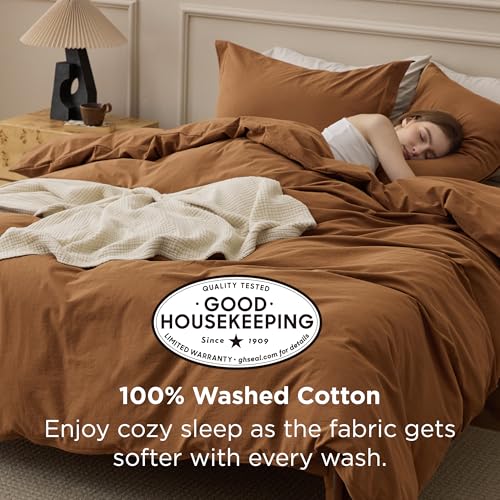 Image of Bedsure 100% Washed Cotton Duvet Cover Queen Size - Hazelnut Brown Minimalist Bedding Set Linen Like - PureWoven Plain Simple & Soft Comforter Cover for All Seasons (Hazelnut Brown, Queen, 90 inchx90 inch)