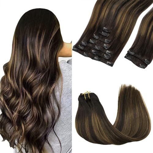Image of GOO GOO Clip in Hair Extensions Real Human Hair, Remy Human Hair Extensions Clip ins for Women, Natural Human Hair, 20inch 150g 9Pcs, 2 /6 /2 Balayage Dark Brown to Chestnut Brown