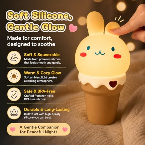 Image of LOHAS Bunny Ice Cream Cute Night Lights, 7 Colors Kawaii Desk Decor, Pat Control and Rechargeable Base, Funny Gift, Bedroom and Nursery Decor