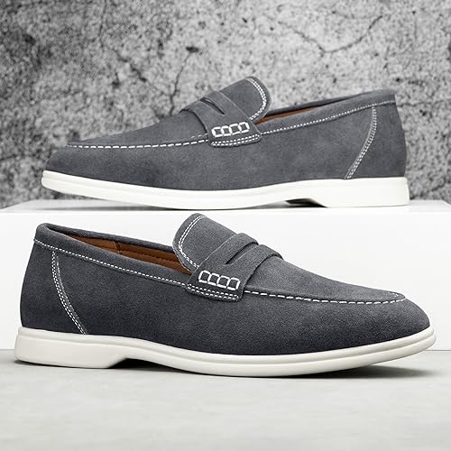 Image of Meijiana Men's Genuine Leather Loafers Slip-On Moccasins Suede Dress Shoes, Lightweight and Breathable with Rubber Sole Stylish Mens Loafers