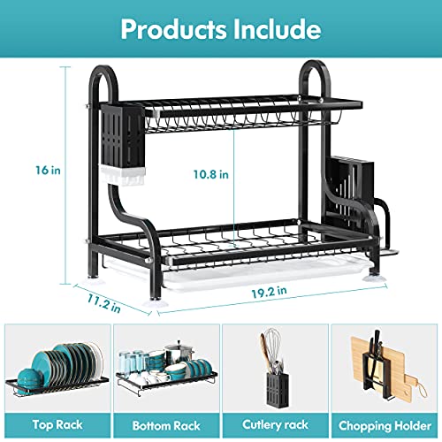 Majalis Dish Drying Rack For Kitchen Counter, 2 Tier Large Dish Drainers With Drainboard Set And Utensil Holder, Dish Dryer Strainer (Black, Stainless Steel) #TOP5