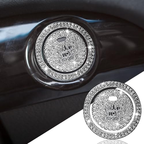 Image of KITUREK Bling Crystal Car Engine Start Ring Sticker, White2 | Rhinestone Push Start Button Decorative Cover, Anti-Scratch Key Ignition & Knob Bling Ring Car Interior Accessories for Women
