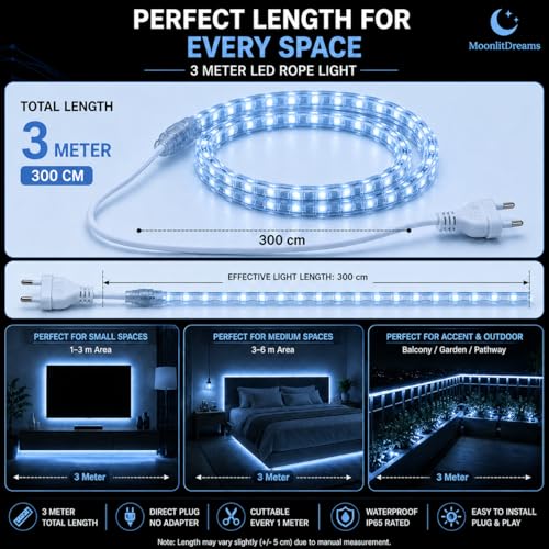 Image of MoonlitDreams 3 Meter LED Rope Light for Decoration - Waterproof Ice Blue SMD Cove Light for Ceiling, Home Decor, LED Pipe Light for Diwali, Festival, Indoor, Outdoor Use