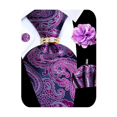Image of 5PCS Mens Silk Designer Tie, Pocket Square, Cufflinks, Drilled Tie Ring and Lapel Pin Set for Wedding Groom Party