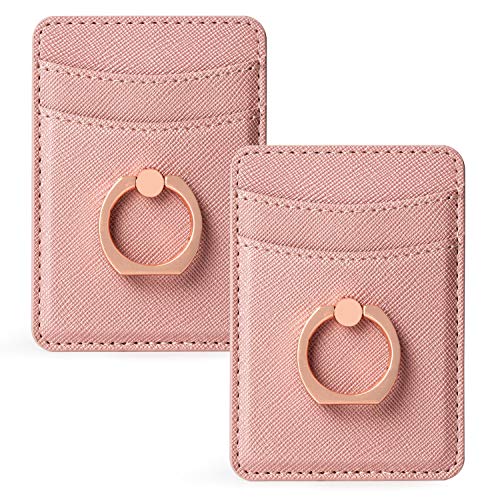 Migeec Credit Card Holder for Back of Phone RFID Blocking Sticky Phone PU Leather Wallet with Ring Grip Compatible Stick on iPhone/Android/Samsung 2pcs Pack, Black&Rosegold