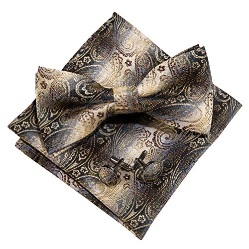 Image of YOHOWA Paisley Striped Men Bow Tie Pre-Tied Formal Adjustable Colorful Bowties Handkerchief Cufflinks Set Wedding Party