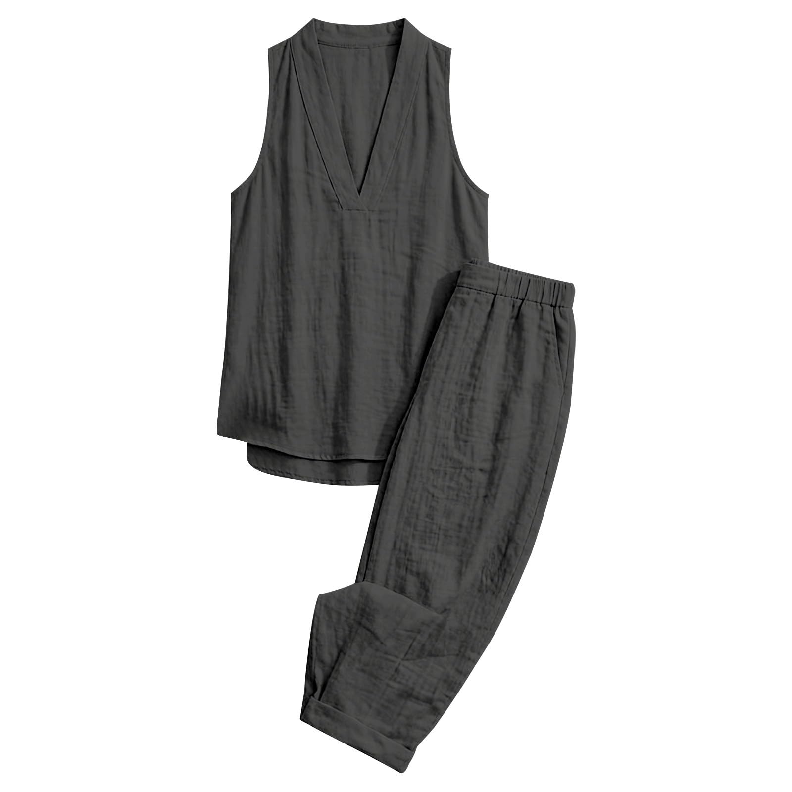 Completo Lino Donna Completi Estivi Donna con Scollo a V Completo Casual da in Due Pezzi Ampio Tailleur Lino Fresco Estivo Tessuti Comfortable Casa Tuta Completa Estiva Ideale per Estate al Mare