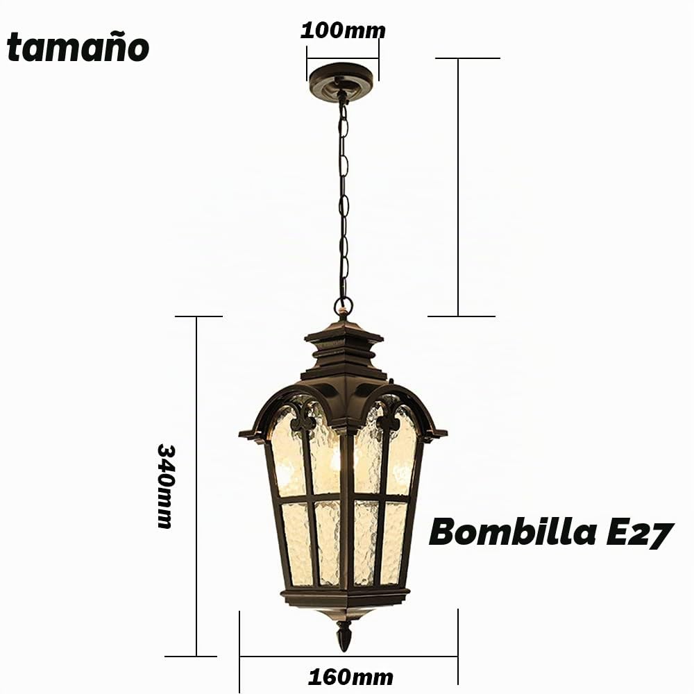 Lámpara colgante de exterior rústica en antigüedad, con cadenas de metal luces de techo de suspensión,E27 230V lámpara de techo iluminación de patio jardín porche corredor villa Gazebo luz 16 * 34 Cm