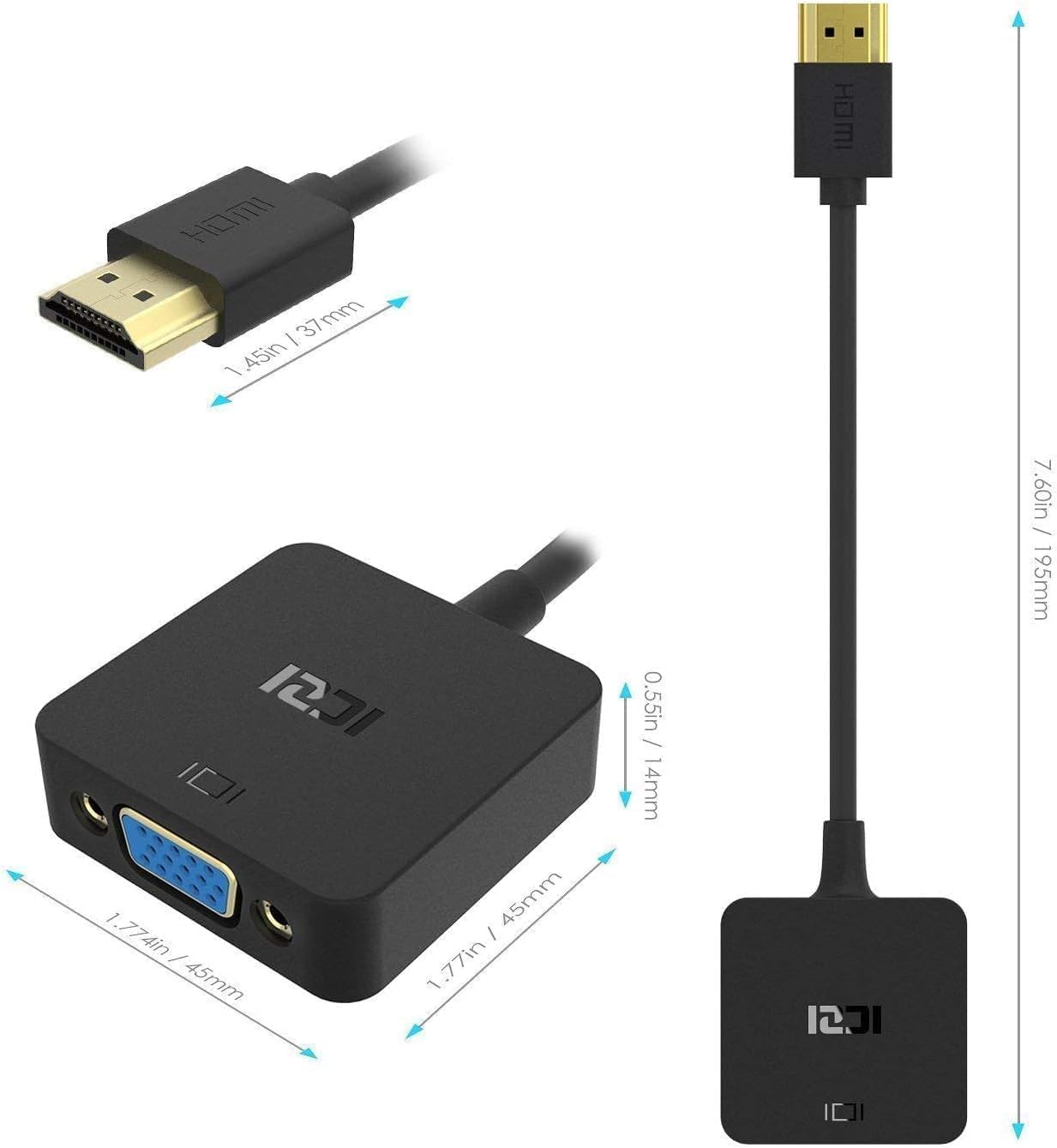 ICZI HDMI to VGA Adapter, HDMI to VGA Adapters, Computer, Desktop, Laptop, PC, Projector, HDTV and More - Black