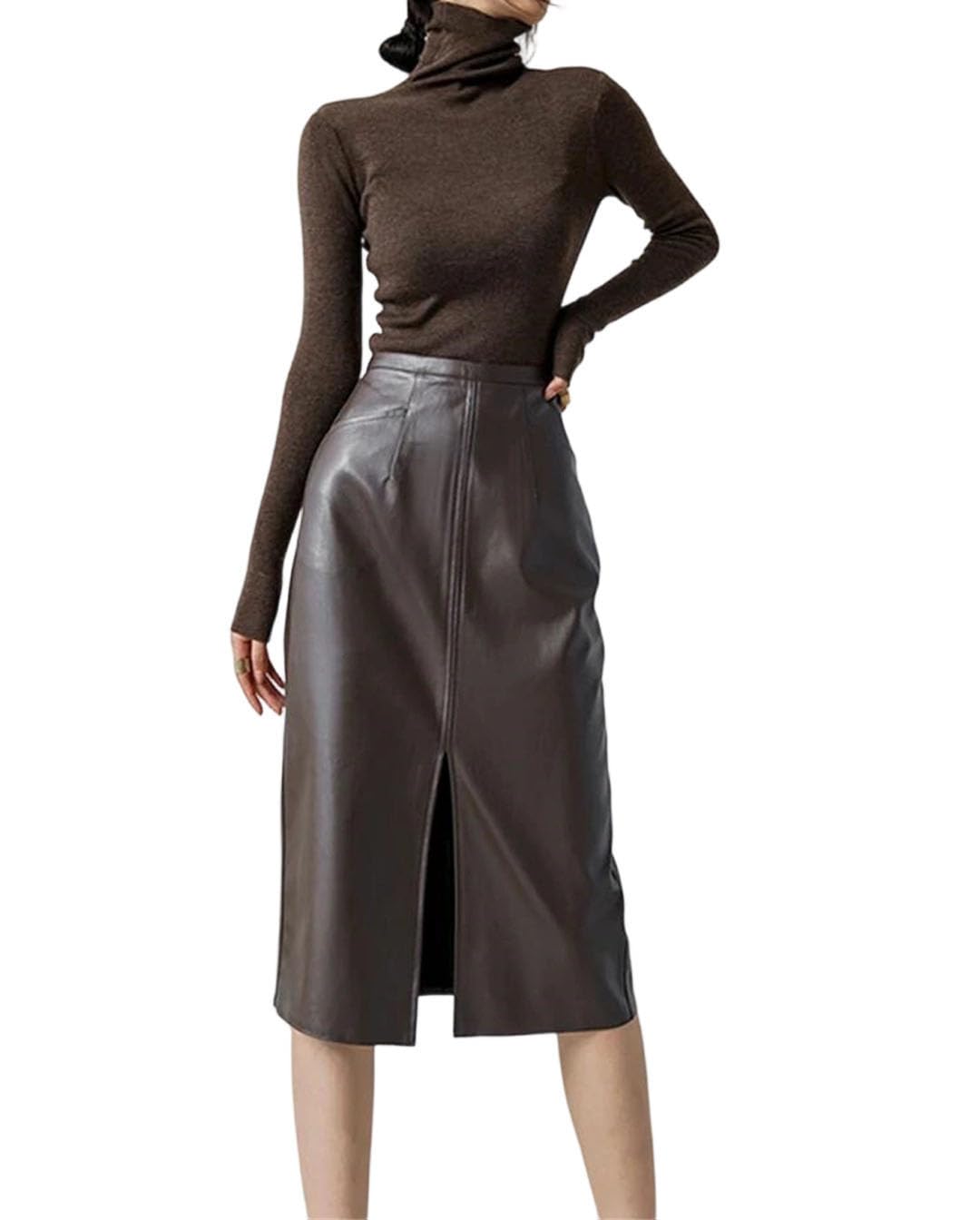 Womens Solid Color Front Slit High Waist Spring Slim Korean Style Soft Leather Midi Skirt