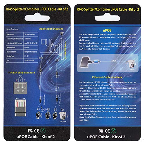 Kit combinador/divisor de cable Ethernet RJ45 2 en 1 (2 cámaras sobre 1 cable) Cat5e PoE para transmisión de datos y energía para sistema de cámaras de seguridad NVR con 4 puertos miniatura 5