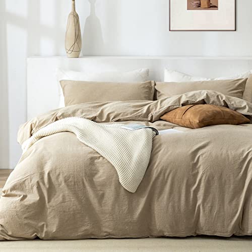 TIPTOE BEAR King Duvet Cover Set- 100% Washed Cotton 3 Pcs Soft Comfy Breathable Chic Linen Feel Bedding, 1 Duvet Cover and 2 Pillow Shams, Beige by TIPTOE BEAR - Used condition - US$56.55
