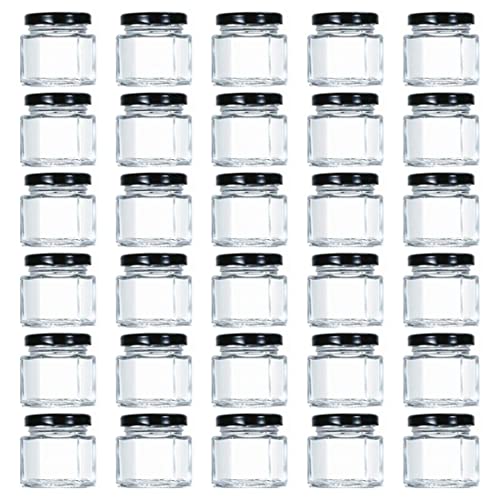 Tebery Paquete de 30 mini tarros de cristal hexagonales de 1.5 oz con tapas y etiquetas negras,...