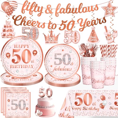 171Pcs 50th Birthday Decorations for Women Tableware Set Serves 25 Guests, 50 and Fabulous Supplies Include Banner, Candle, Plates and Tablecloth Etc, for Happy 50th Birthday Decorations