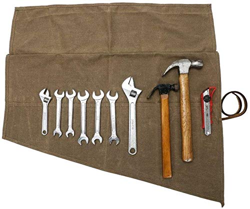 Gewachstes Canvas-Werkzeug-Rolle mit 15 Taschen, Schlüsselrolle für Zange, Maulschlüssel, Schraubenschlüssel, Elektriker, Gartenwerkzeuge, Organizer (hellbraun)