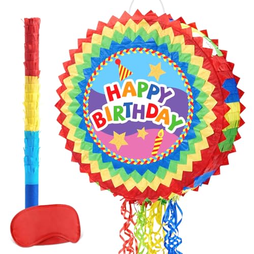 WERNNSAI Birthday Pinata - Rainbow Birthday Decorations Colorful Round Pinata with Blindfold and Stick for Party Celebration Decoration Supplies