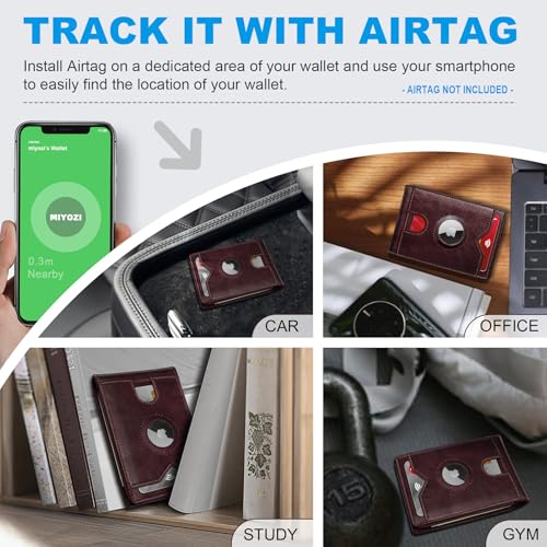 Image of miyozi AirTag Wallet for Men, Slim Leather Bifold with Holder Slot, 2 ID Windows & 13 Card Slots, RFID Blocking Front Pocket Wallet with Gift Box