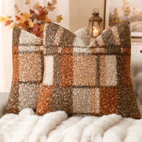 Image of Foindtower Pack of 2 Soft Faux Fur Boucle Throw Decorative Pillow Covers Fuzzy Accent Check Cushion Sherpa Boho Farmhouse Pillowcase for Couch Sofa Bed Living Room Home Decor 18x18 Inch,Autumnal