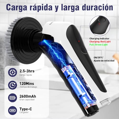 Miniatura 2 de Cepillo Eléctrico Limpieza Hogar, Ipx8 Impermeable Homtronics Limpiador Giratorio Con 4 Cepillo Reemplazables, Potente De 400rpm, Electrico Limpieza Para Baño, Cocina, Coche, Suelo, Piso