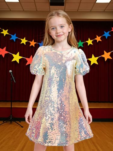WELAKEN Girls Ombre Sequin Dress Sparkly Fancy Short Puff Sleeves Gradient Party Dress2