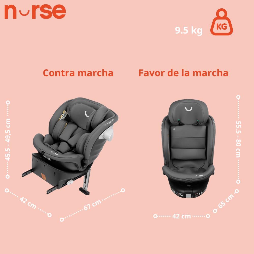 Nurse Titane Silla de Coche i-Size 40–150 cm, 360º, ISOFIX y Pata de Apoyo, A Contramarcha y Cara Marcha, Protección Lateral, Gris — view 6