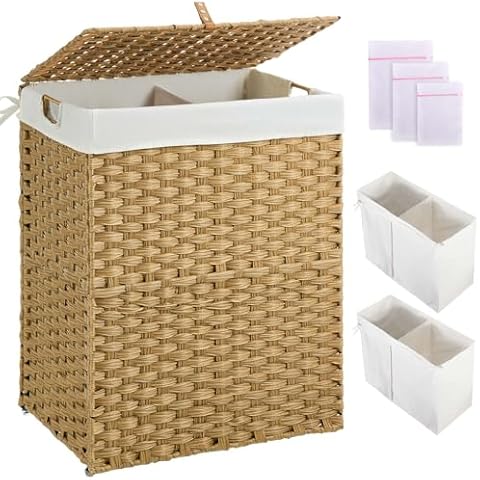 GREENSTELL Handwoven Laundry Hamper with 2 Removable Liner Bags Cover