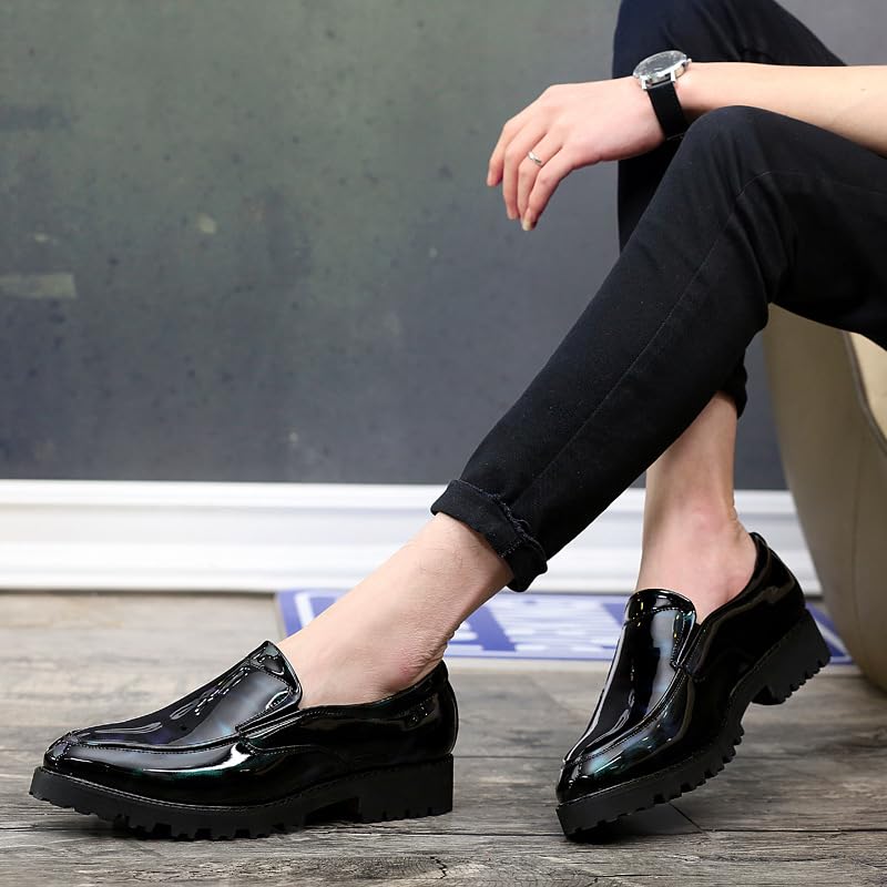 Men's Patent Leather Printed Platform Pointed Toe Dress Loafers Fashion Chunky Block Heel Lug Sole Non Slip Thick Cushioned Comfortable Slip On Party Penny Shoes for Business Wedding3