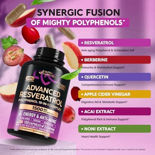 resveratrol supplement - 19-in-1 organic polyphenol complex - noni extract  berberine  quercetin  apple cider vinegar  acai - made in usa - antioxidant amp heart health support