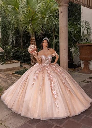 Sequin Appliques Quinceanera Dresses with Bow 3D Floral Ball Gown Puffy Tulle Quince Dresses Off Shoulder 15 Dress4