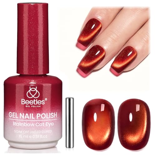 Image of Beetles Red Cat Eye Gel Nail Polish, 15ml Vintage Cherry Magnetic Gel Shine | with 2 Magnets, Glass Cat Eye 3D Shimmer Fall Gel Soak Off UV LED Nail Art Manicure for Women Salon and Home Use