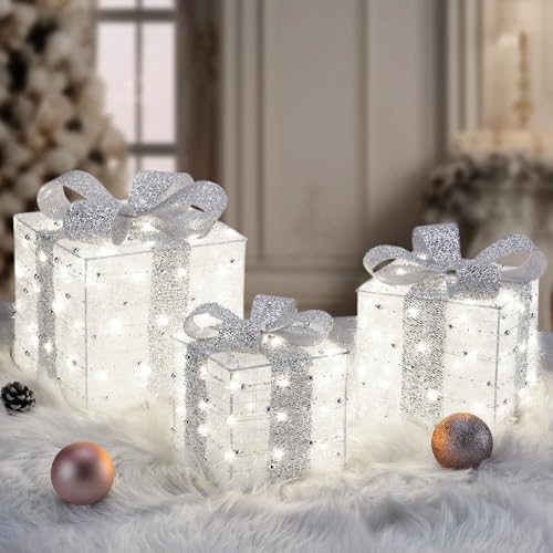 Christmas Lighted Gift Boxes, 140 LEDs Light Up Presents Christmas Decor, 8 Modes & Memory Function Plug-in Lighted Christmas Boxes, Set of 3 Christmas Decoration for Xmas Holiday Party Indoor Outdoor