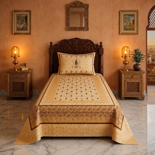 Image of BSB HOME 240 TC Cotton Single Bedsheet, Premium Soft & Breathable Single Bed Sheet, Skin Friendly Durable Printed Bed Cover for Bedroom, Elegant Cotton Bedding, 60 x 90 Inches - Honey Beige