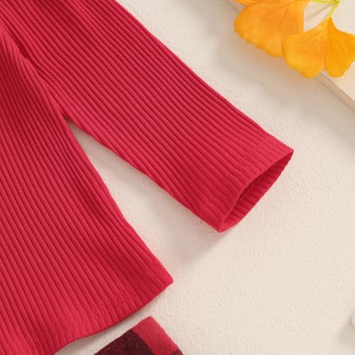 Image of BeQeuewll Fall Winter Toddler Baby Girl Clothes 2Pcs Long Sleeve Ribbed Knit Shirt Plaid Skirt 1T 2T 3T 4T 5T Girls Dress