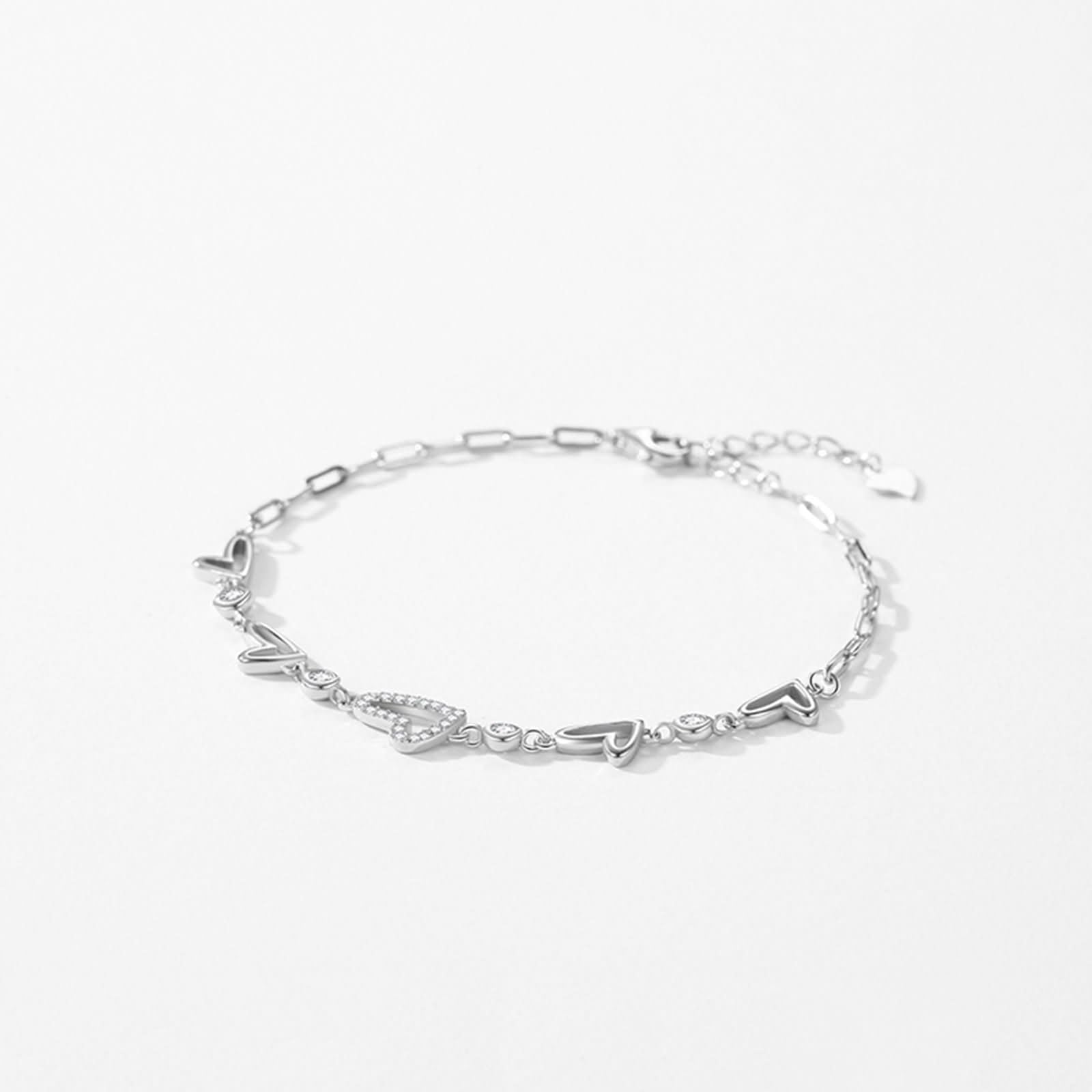 Pulsera Mujer de Oro Blanco de 9Kilates / 14Kilates / 18Kilates, Corazón Hueco con Diamante, Cadena Extensible 16 CM + 5 CM, Pulseras Cadena Plata Ajustable Mujer