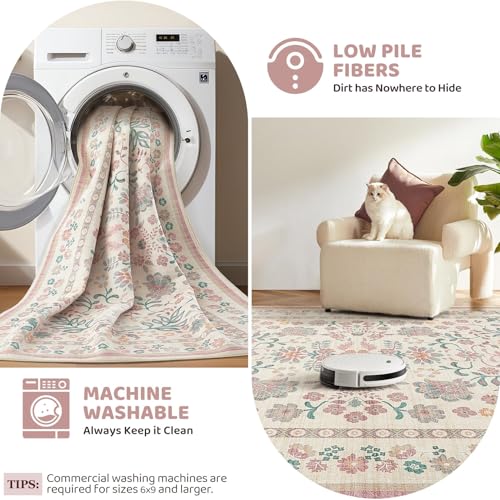 9x12 Area Rug Living Room Rugs - Washable Boho Vintage Floral Large Soft Non Slip Thin Rug Low Pile Carpet for Bedroom Dining Room Kids Playroom Office Decor Indoor - Pink