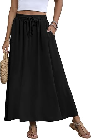 MLXSJ Womens Maxi Skirt Summer 2025 Pleated Flowy Elastic High Waisted Skirts with Pockets